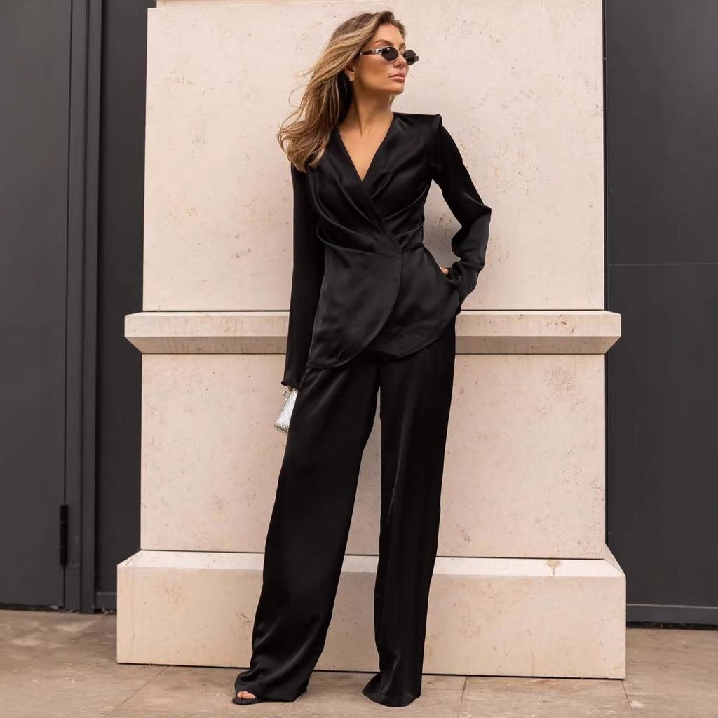 Cross-border European and American Women's Clothing  Fashion Temperament Lace-up Long-sleeved Casual Commuting Simple Wide-leg Pants Set