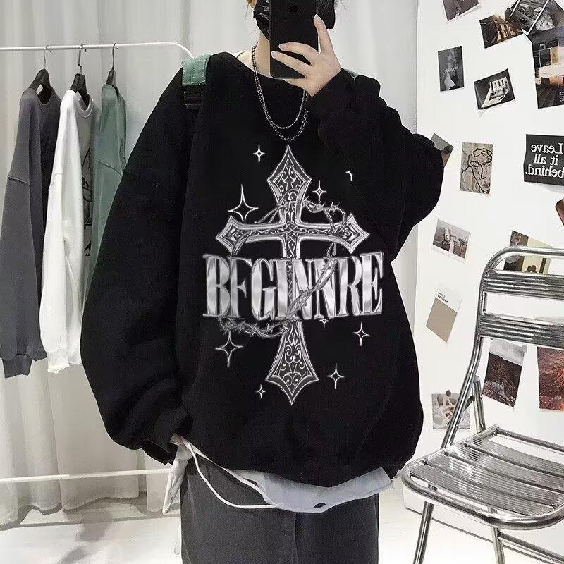 Men's Printed Hoodie Round Neck Hooded Sweatshirt Trendy Brand Casual Hoodies Loose Long Sleeved Pullover Base Shirt