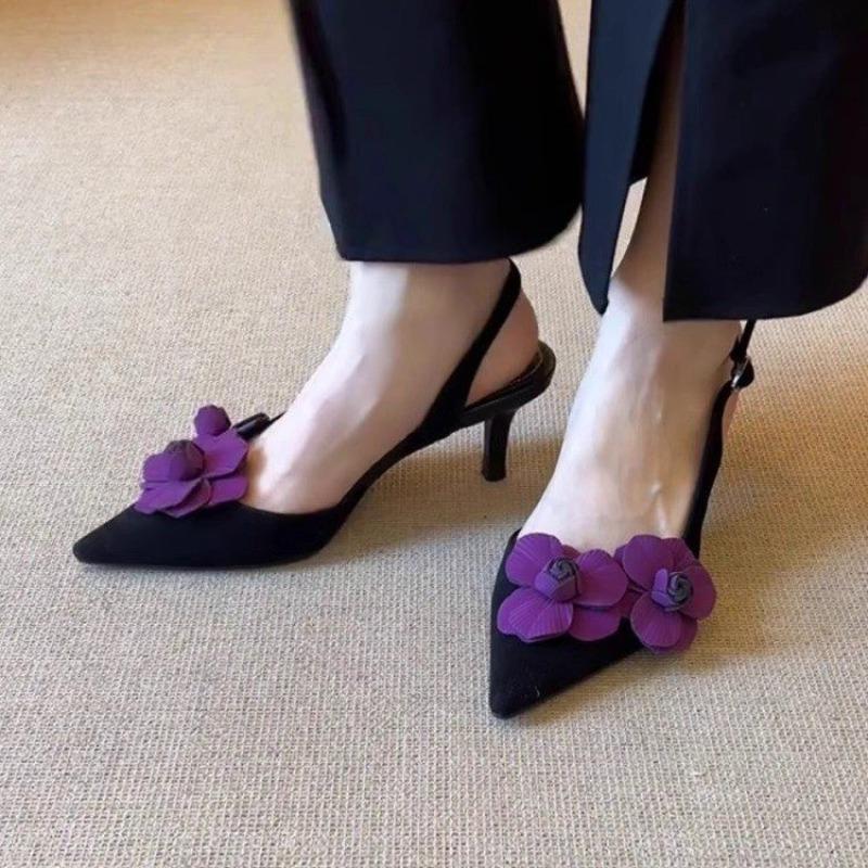 Retro Pointed Toe Three-dimensional Flowers Beautiful Baotou Sandals Women's Outer Wear Stiletto Heel Back Trip Strap Sandals