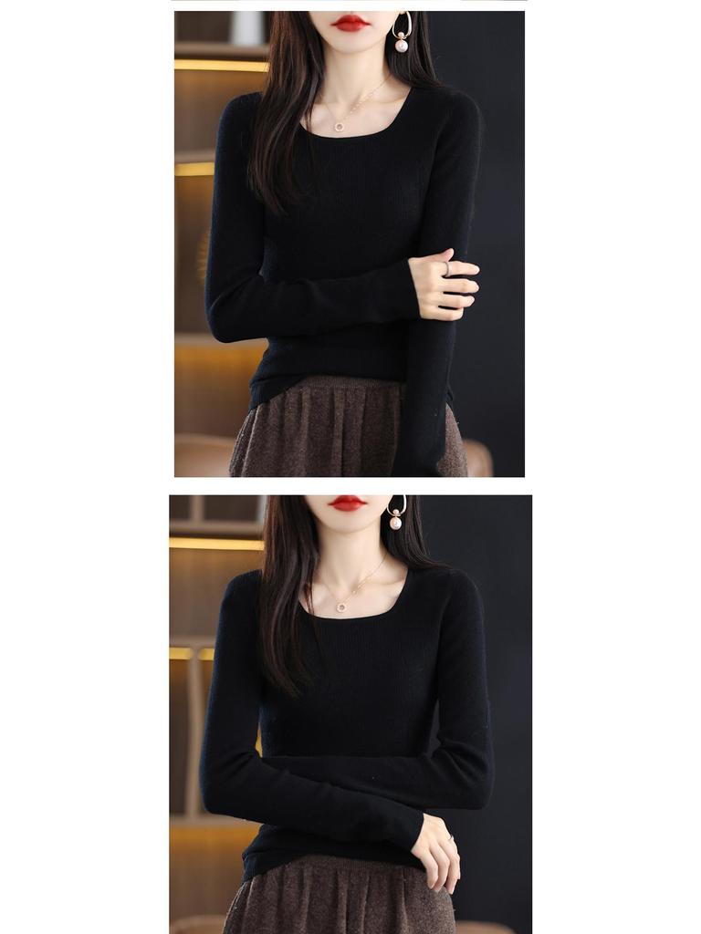 2025 Slim Fit Women's Square Neck 100% Wool Sweater - Thin U-neck Base Layer Top