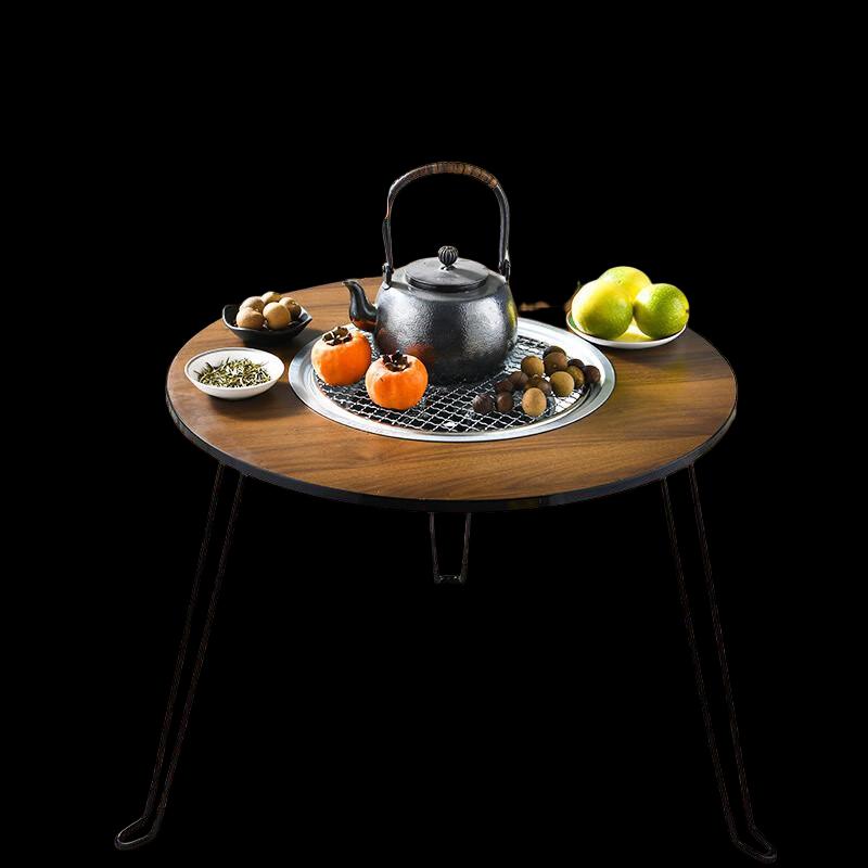 Huilingyang Walnut Round Table Fire Pit & BBQ Grill