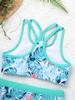 Girls 3 Piece Swimsuit Set Long Sleeve Rash Guard Mock Neck Top Strappy Back Crop Top Swim Shorts UPF Sun Protection