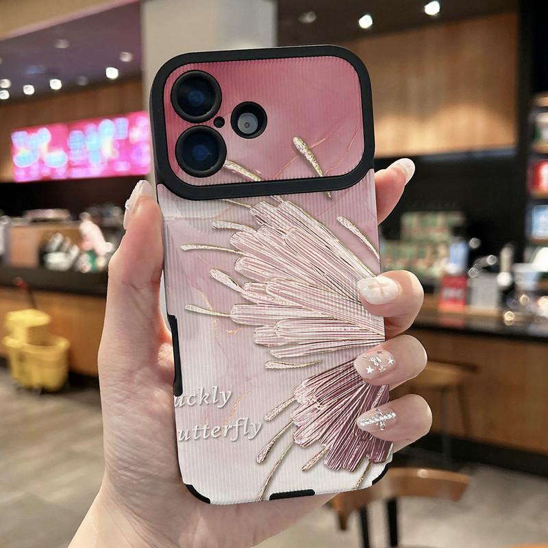 

Butterfly Wing Printed Vertical Grain Leather Soft Silicone Phone Case Back Cover with Camera Lens Full Protection for iPhone 17 Honor 300 Pro