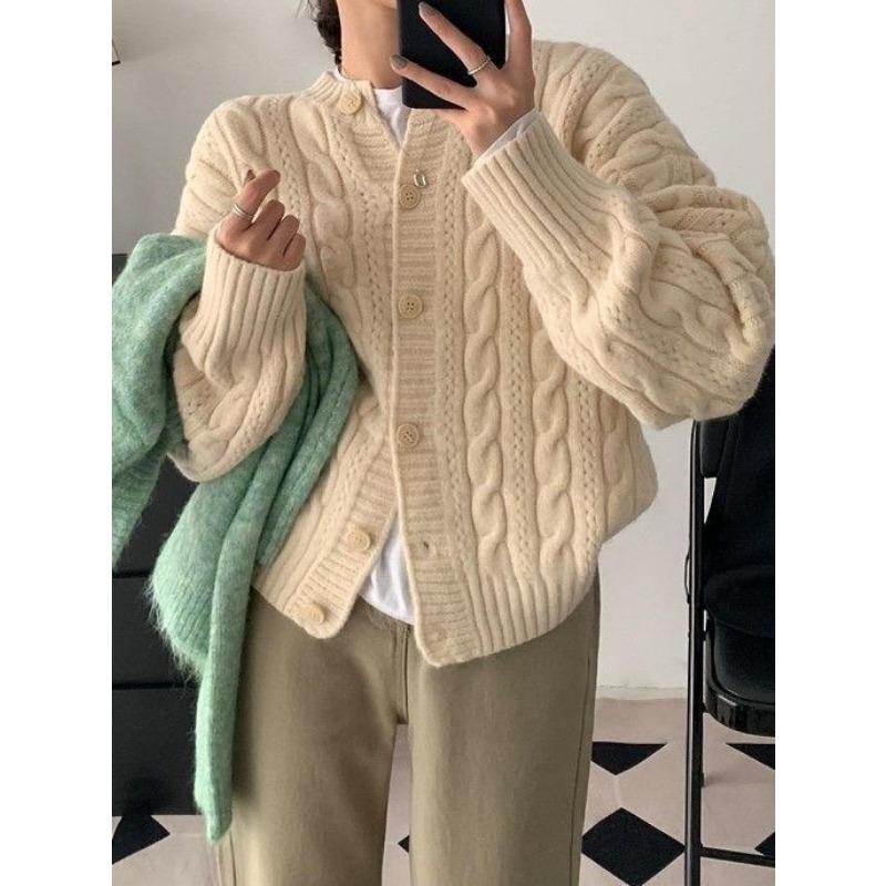 

Retro soft waxy twist sweater jacket women s round neck loose outer wear autumn and winter versatile gentle wind knitted cardigan One size