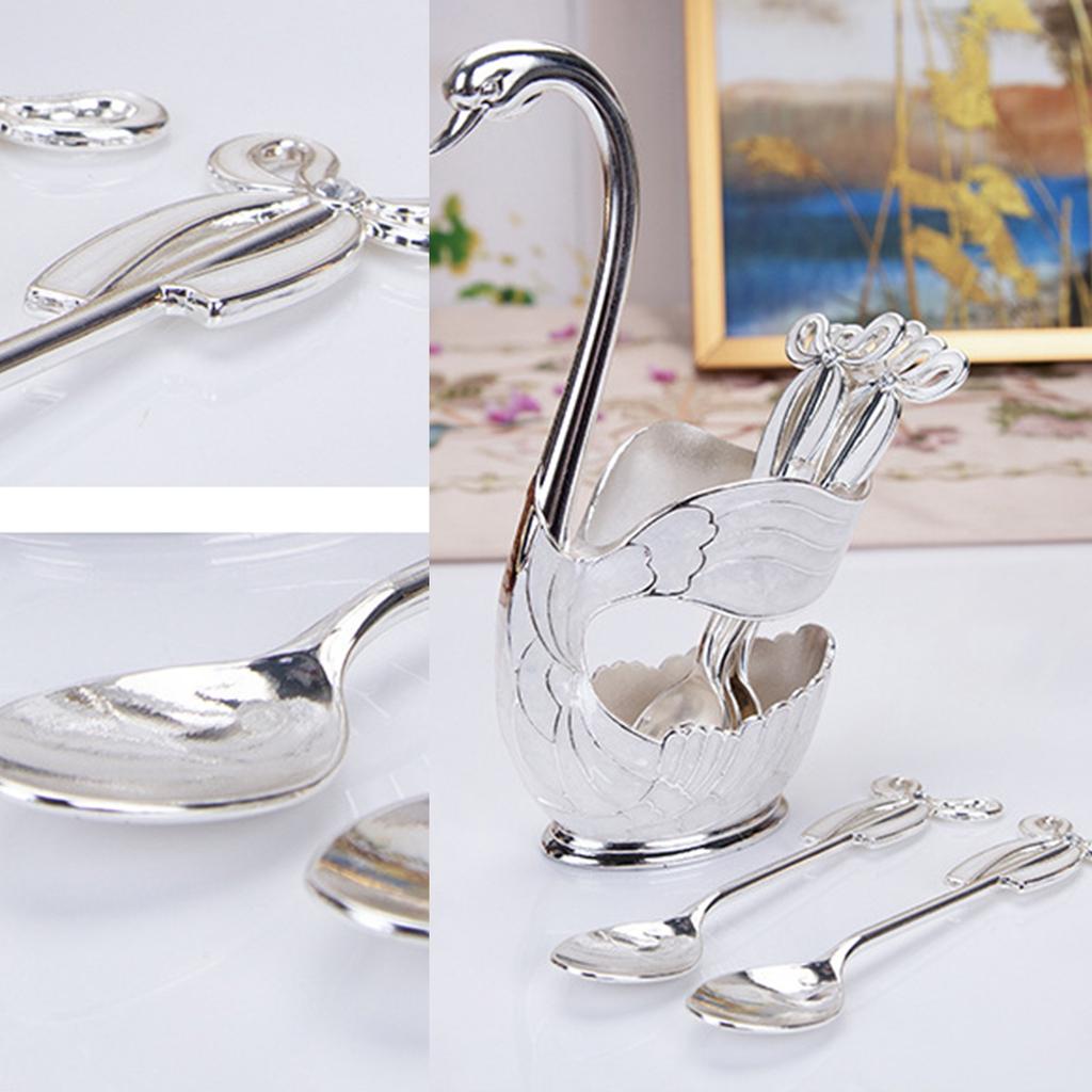 6Pcs Coffee Spoon Set with 1 Good Swan Shape Base Holder Zinc Alloy Swan Base Spoon Organizer Elegant FruitDessert Swan Flatware for Home