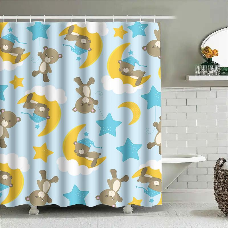 Blue Dream Kids Shower Curtain Set Teddy Bears Sleep On Clouds Stars with Moon Design for Bathroom Decor In Pastel Colors
