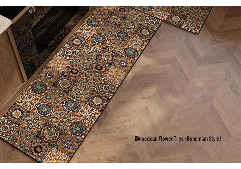 Retro American Diatom Mud Kitchen Floor Mat - Quick Dry, Water Absorbing, Non-Slip, Easy Clean, Long Strip Design.