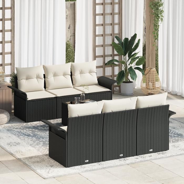 VidaXL Set de Canapé de Jardin 7 pièces avec Coussins Noir Poly Rotin 3345247