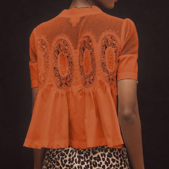 Women Tops Round Neck Short Sleeve Pure Color Pullover Tops Hollow Embroidery Mesh Yarn Loose Fit Casual Tops Daily Wear