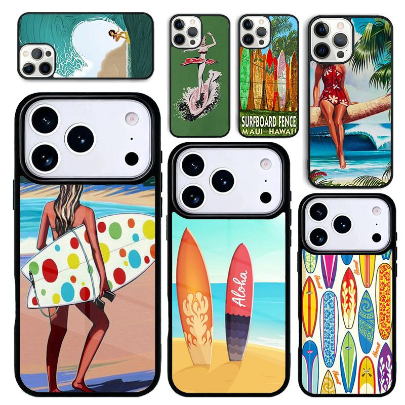 Capa Case for iPhone 17 Air 16 Pro Max 15 Plus 11 13 Mini 14 12 Back Phone Cover HAWAII BEACH SURF GIRL SURFING ART
