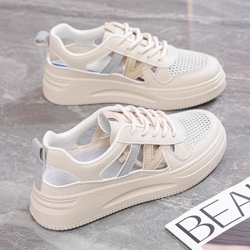 Single shoes women's new summer outer wear thick sole soft sole not tired foot lace-up wear-resistant hollow sports white shoes