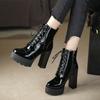 Fashion Ultra-high Heel Boots Women Round Head Thick with Waterproof Platform Lace-up Boots Patent Leather High-heeled Boots