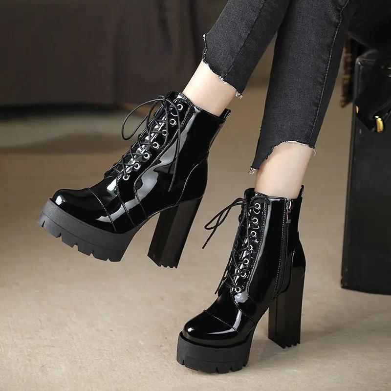 Fashion Ultra-high Heel Boots Women Round Head Thick with Waterproof Platform Lace-up Boots Patent Leather High-heeled Boots