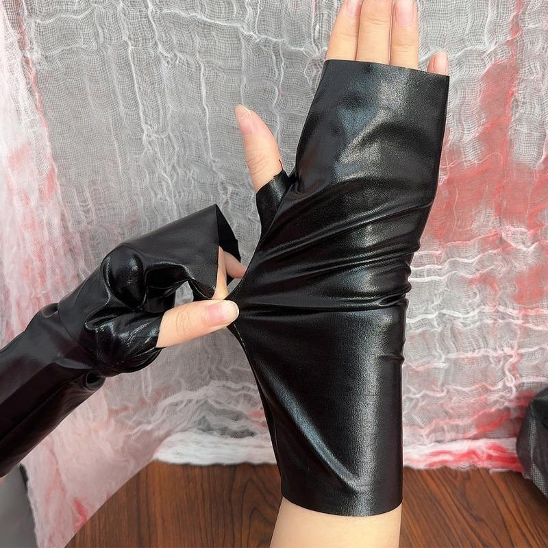 Lolita Cyberpunk Cosplay Black Gloss PU Leather Gloves Black Loose Half Finger Arm Sleeves Halloween Extended Wrist Cuffs Women
