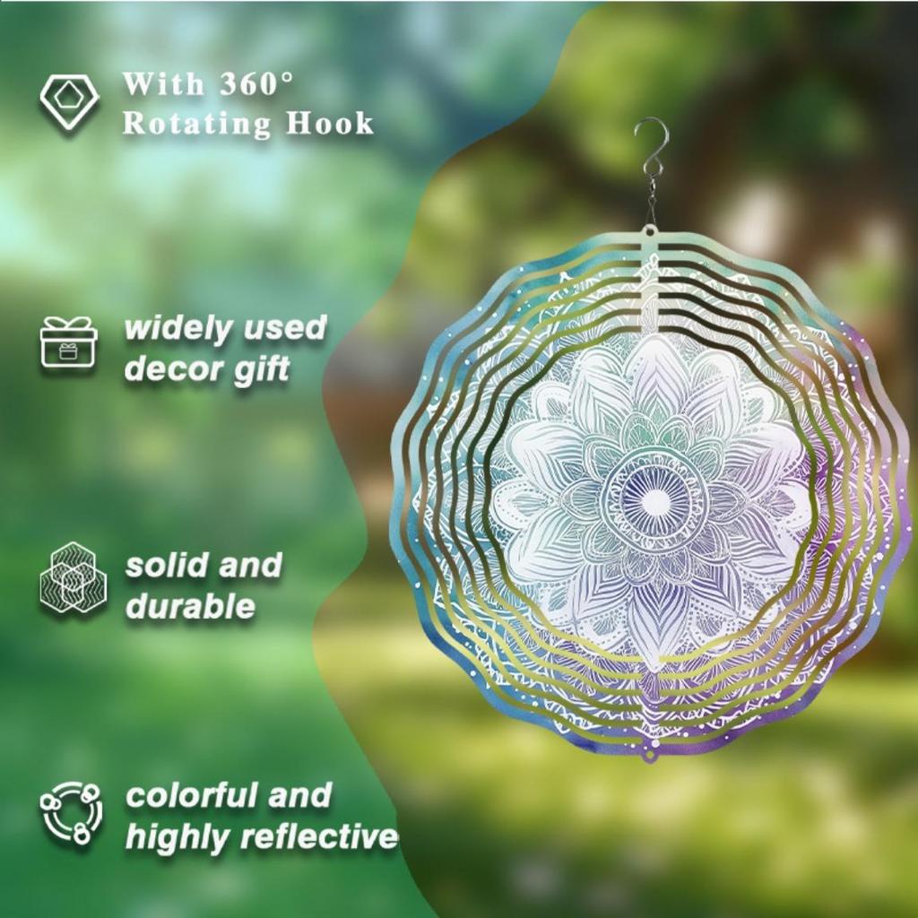 2D Metal Mandala Flower Wind Spinner Octagonal Design Blue Purple White Patterns Indoor Outdoor Decor Thanksgiving Christmas Gift Durable Easy To Hang