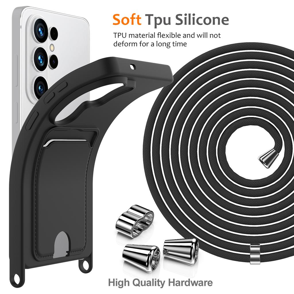 למארז Samsung Galaxy S26 Ultra, כיסוי אחורי לטלפון מסיליקון נוזלי עם מחזיק כרטיסים ורצועת צוואר