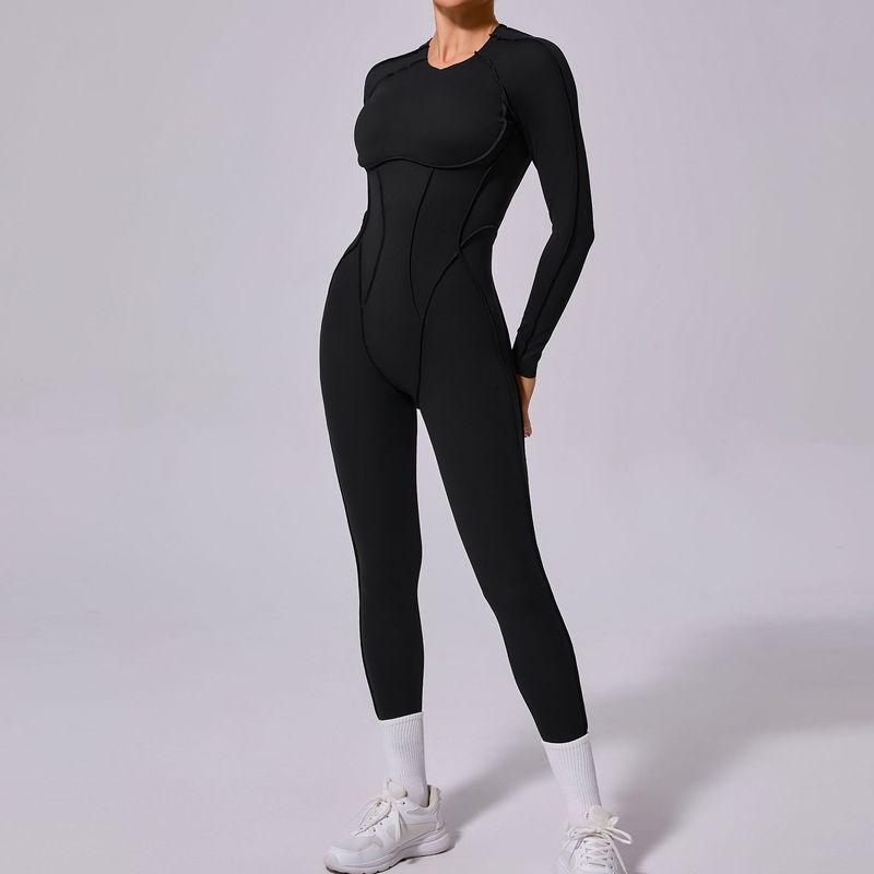 

BetterMe Same Three-Dimensional Hollow Siamese Workout Clothes Open Back Tight Long Sleeves Pants Jumpsuit with Chest Pad for Women Noble Black L