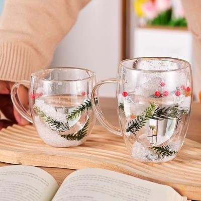 Tasse à café en verre transparent à double paroi, résistante à la chaleur, motif sapin de Noël et neige, 250/350 ml, 1/2 pièces