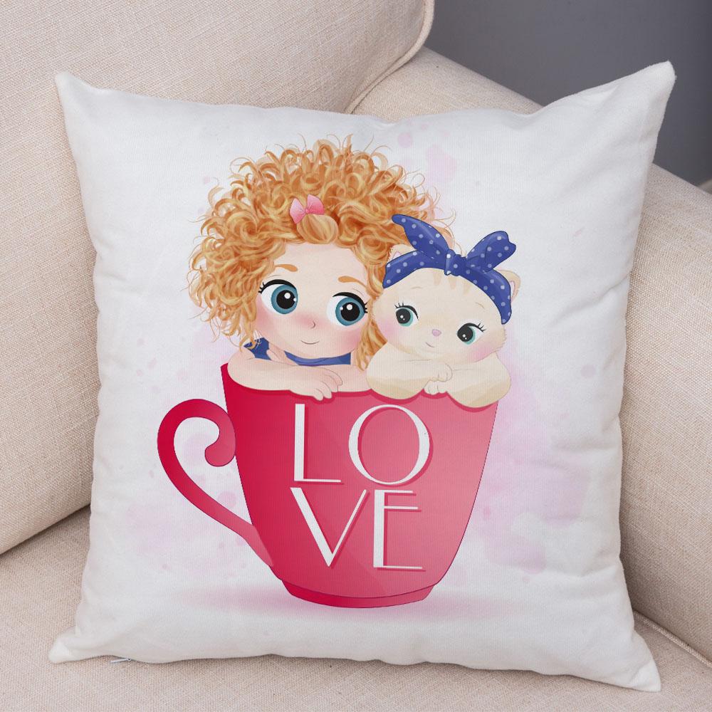 Lovely Girl and Cat Pillowcase Decor Cute Cartoon Child Cushion Cover Pillow Case for Children Room Sofa Home Car 45x45cm