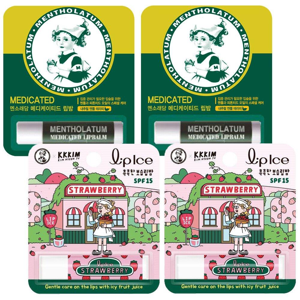 

Mentholatum Lip Balm Medicated x 2 + Lip Balm Strawberry (SPF15) x 2