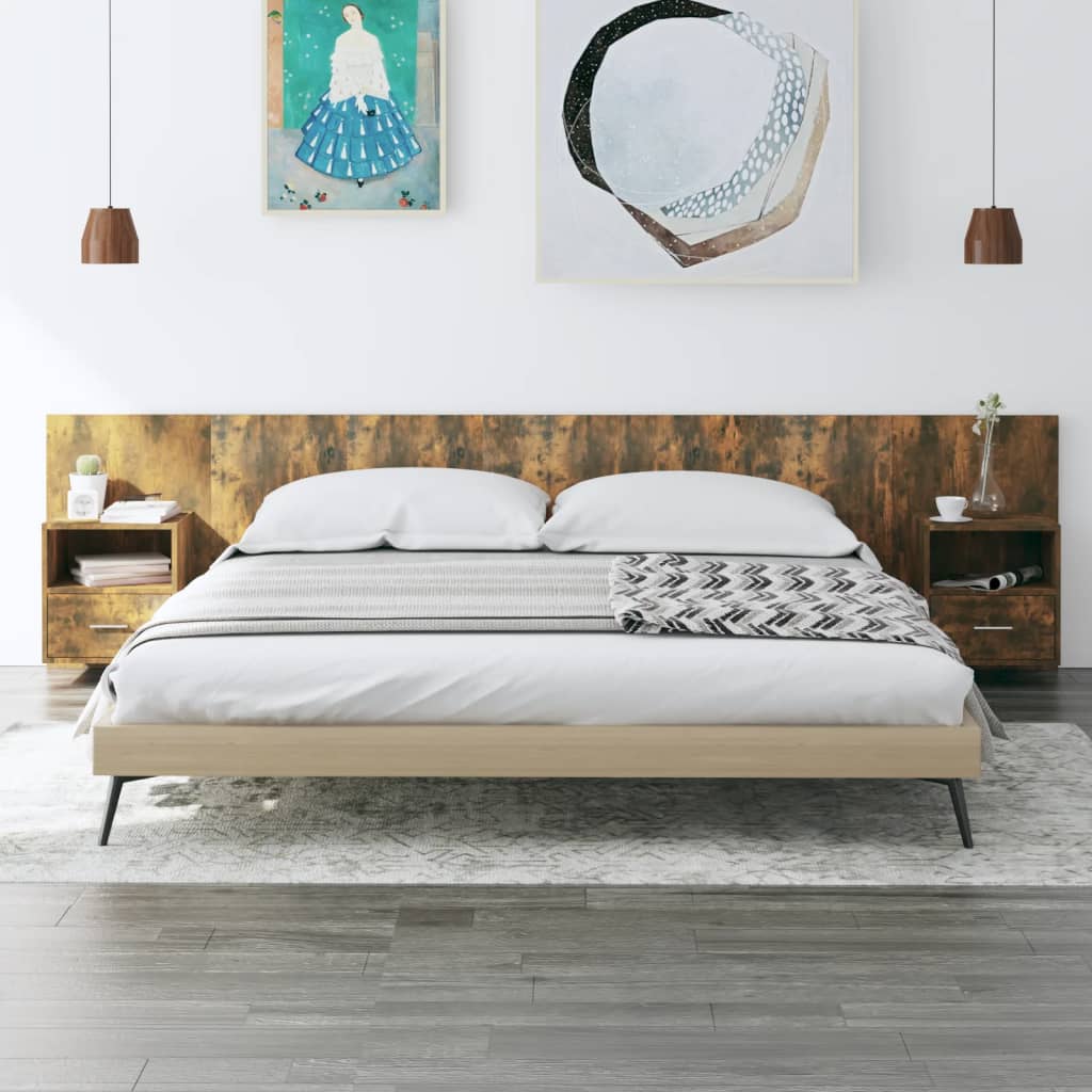 Headboard with Nightstands Smoked Oak Wood Based Material