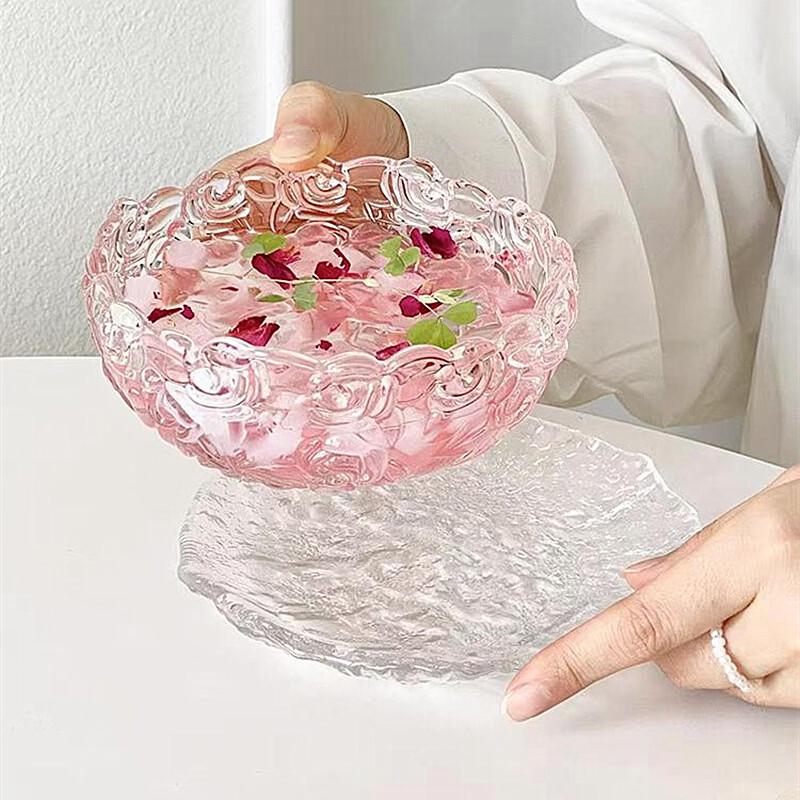 Nordic Heat-Resistant Glass Rose Dessert Bowl & Saucer Set