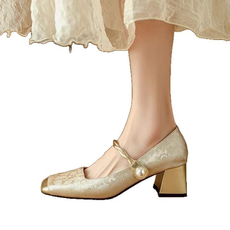 Retro new Chinese satin Mary Jane shoes, national style 2025 summer new light mouth square head one word high heels pearl