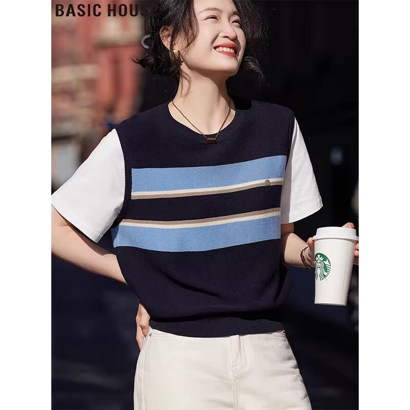 Basic House Women s Faux Two-Piece Striped Knit T-Shirt ONE SIZE