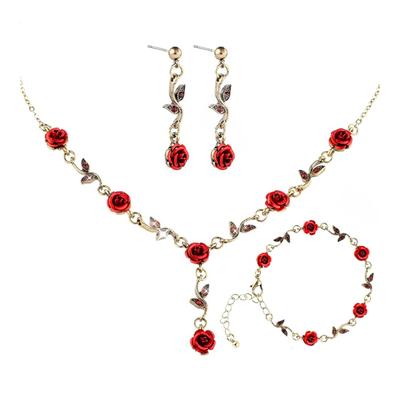 3 Pcs/Set Red Rose Jewelry Set Floral Theme Romance Vintage France Style Valentines Day Mothers Day Present Earrings Adjustable