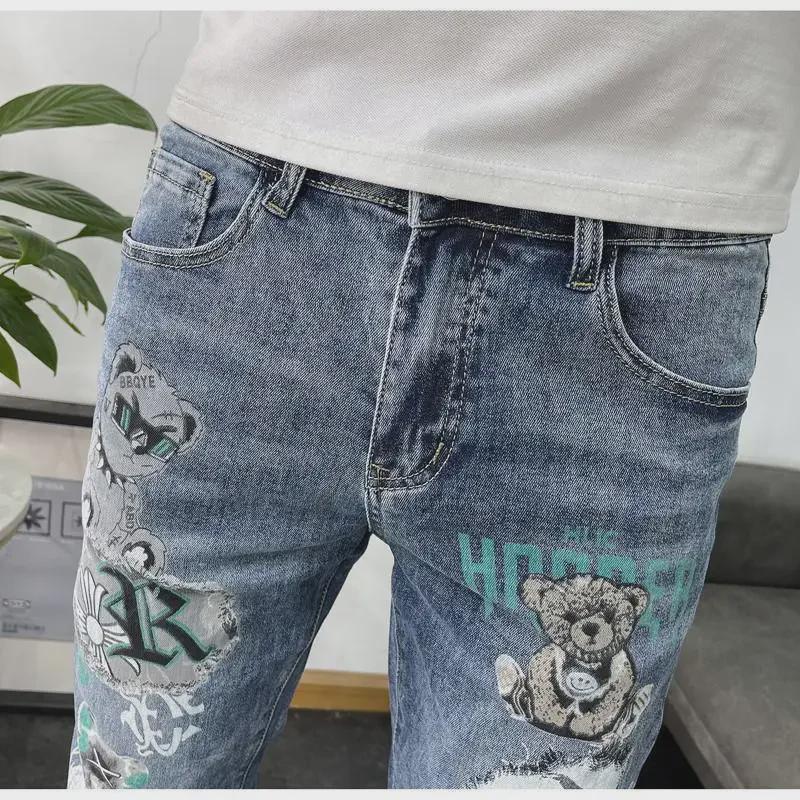 Jeans Azules Estampados Slim Fit para Hombre - Tendencia Verano 2023, Estilo Coreano