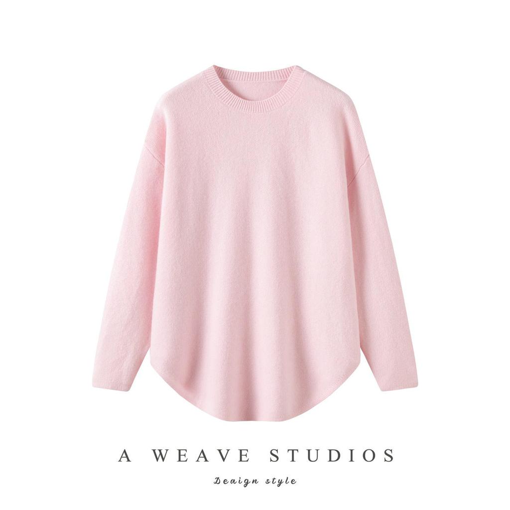 Cashmere Seven-Stitch Round Neck Loose Mid-Length Split Hem Knitted Sweater