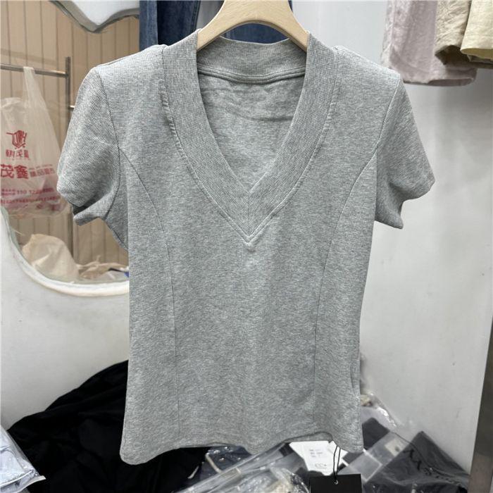 

Женская приталенная футболка с V-образным вырезом премиум-класса - Летняя футболка с коротким рукавом в корейском стиле Large серый
