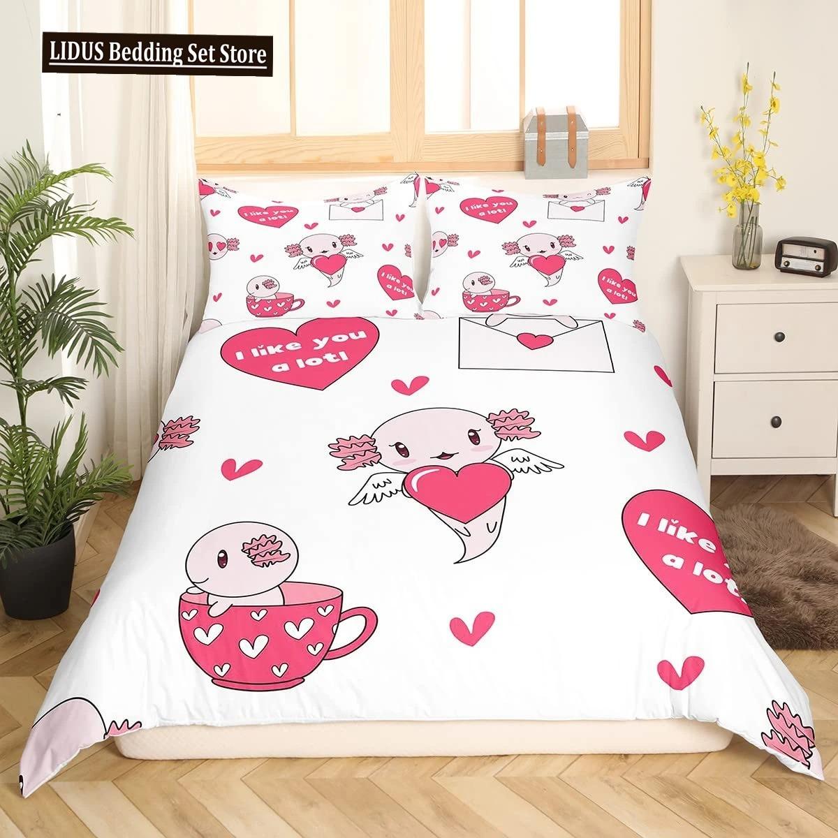 

Cute Axolotl Duvet Cover Set Full Size Cartoon Salamander Bedding Set Kawaii Animals Comforter Cover Constellation Black Decor 70x133cm 3pcs