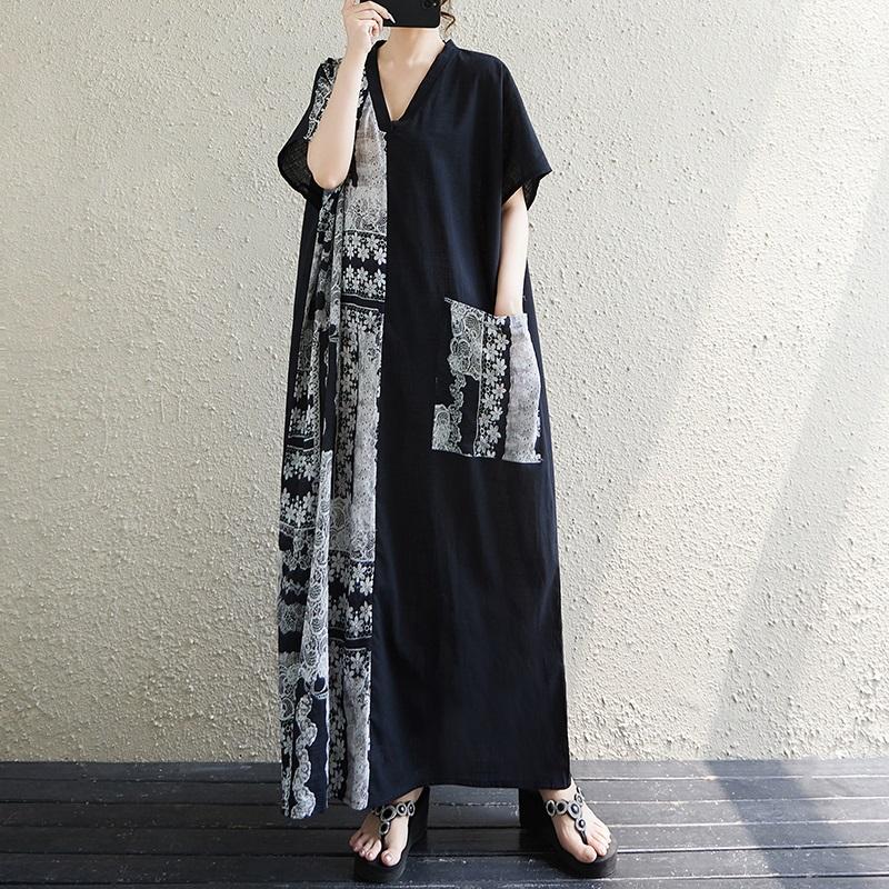 Kurzarm Plus Size Baumwolle Vintage Blumenmuster Neu in Kleidern für Damen lässig locker Maxi langes Sommerkleid