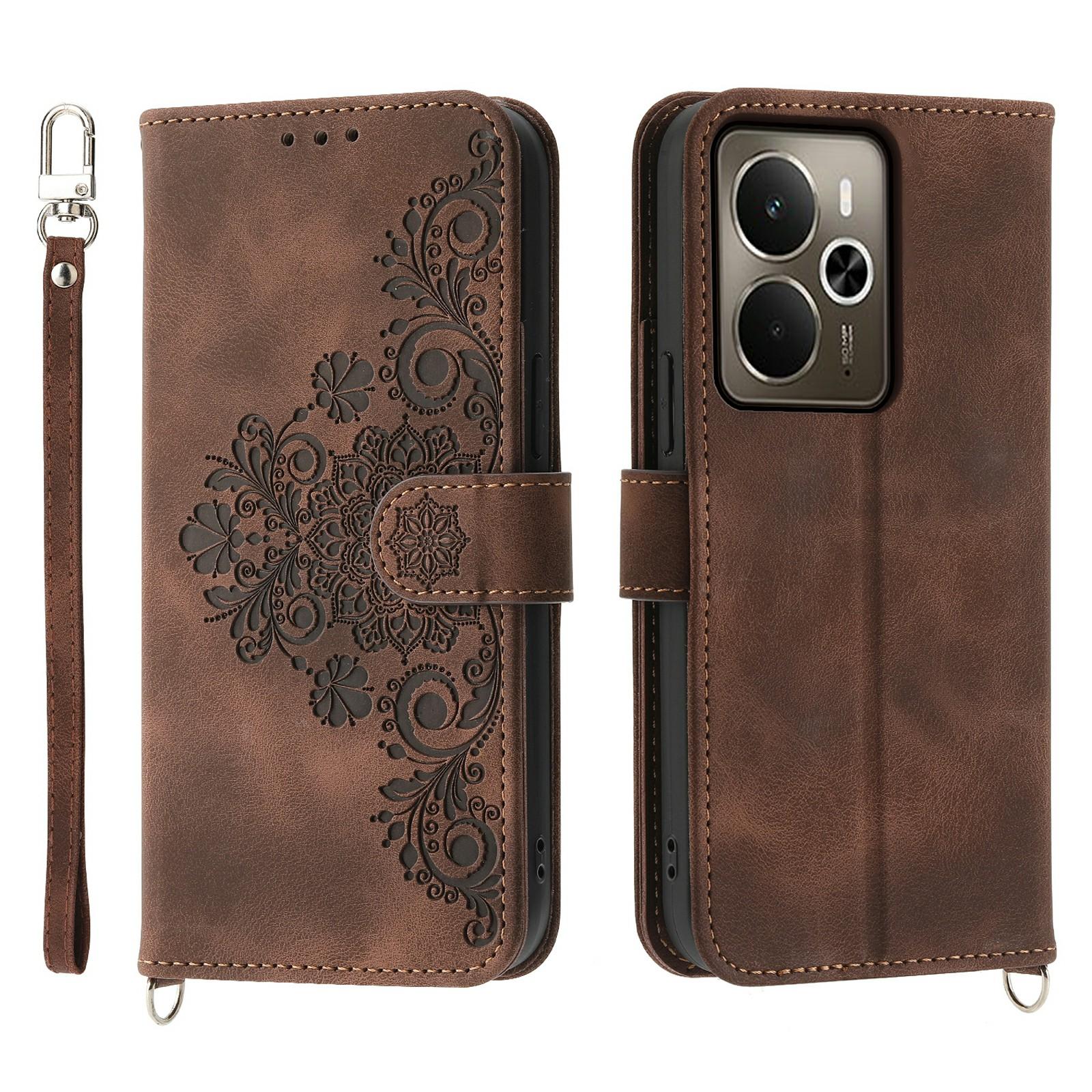

For Realme 14 5G Case Flower Pattern PU Leather Wallet Phone Cover with Strap Brown