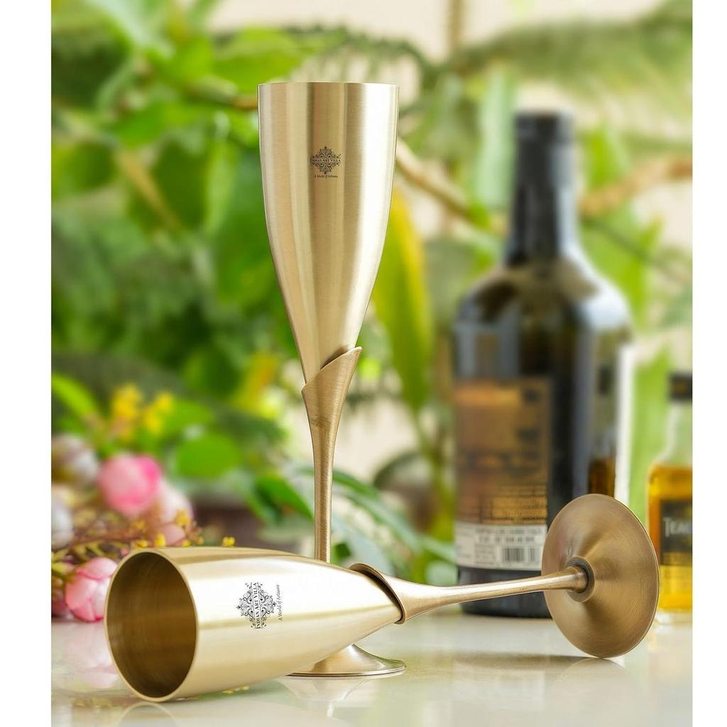 Antique Finish Brass Champagne Glass Set of 2 in Blue Velvet Gift Box, Handcrafted Drinkware for Parties and Diwali Gifts, 200 ML