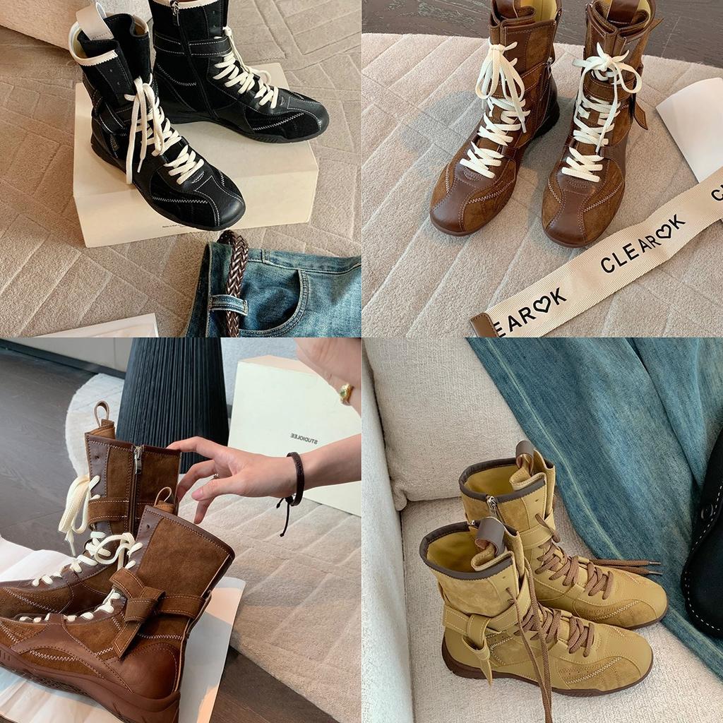 Lan Cabinet 2025 New Fashionable Retro Color Matching Versatile Straps Side Zipper Hunting Clothes Dexun Martin Boots Women's Autumn