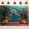 2D Arabian Nights Party Backdrop Teal Curtain and Floral Decor Background Cloth