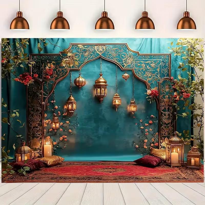 2D Arabian Nights Party Backdrop Teal Curtain and Floral Decor Background Cloth