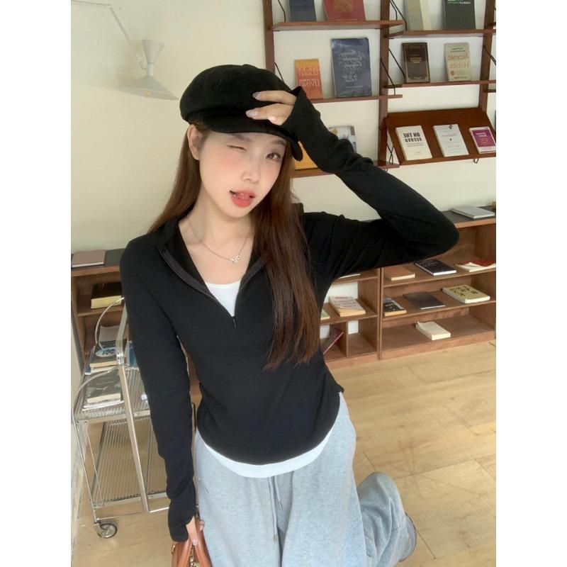 Spring Autumn Fake Two Pieces Slim T-shirt Women Long Sleeve Casual Fashion All-match Pullover Tee Top