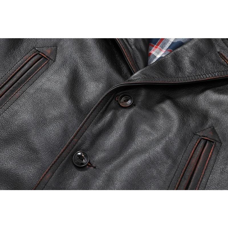 Jachetă de piele ocazională pentru bărbați, dimensiune chinezească, haină moale din piele de vacă naturală.