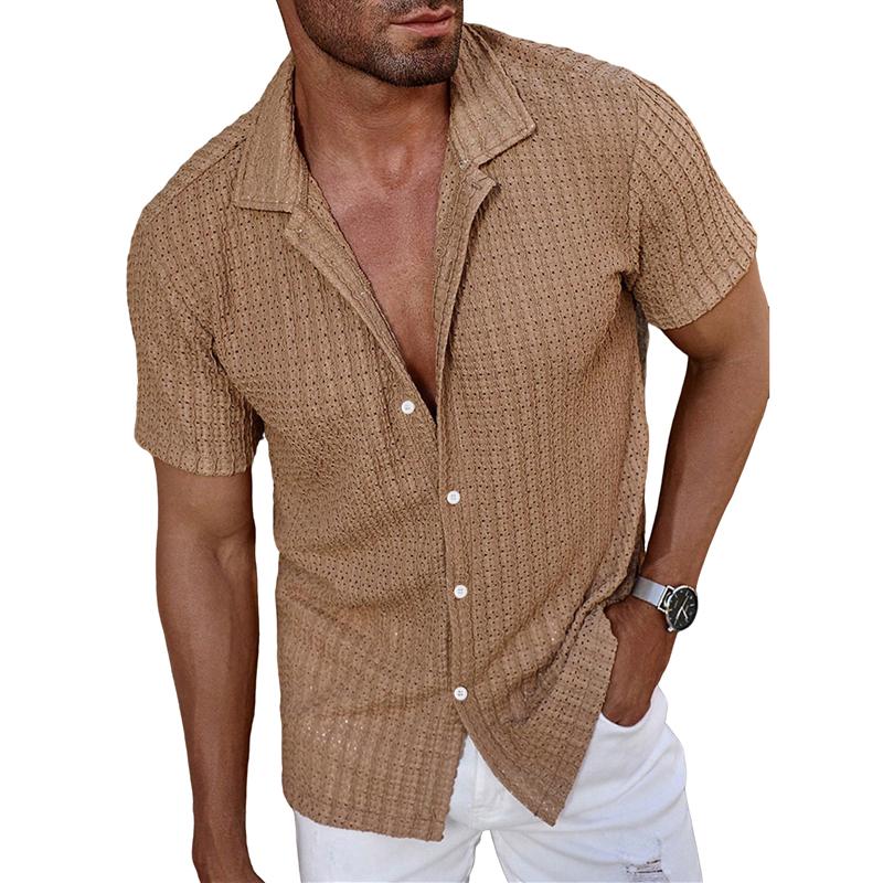 2026 Summer Men's New Lapel Button-up Shirt Cool Breathable Hole Design Casual T-shirt