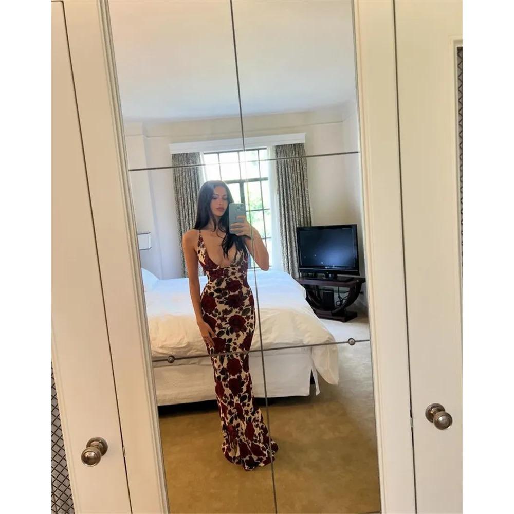 Spaghettiträger Rückenfreies Druckkleid Für Damen Mode Tiefer V-Ausschnitt Ärmellos Schnürung Bodycon Bedruckt Sexy Langes Kleid