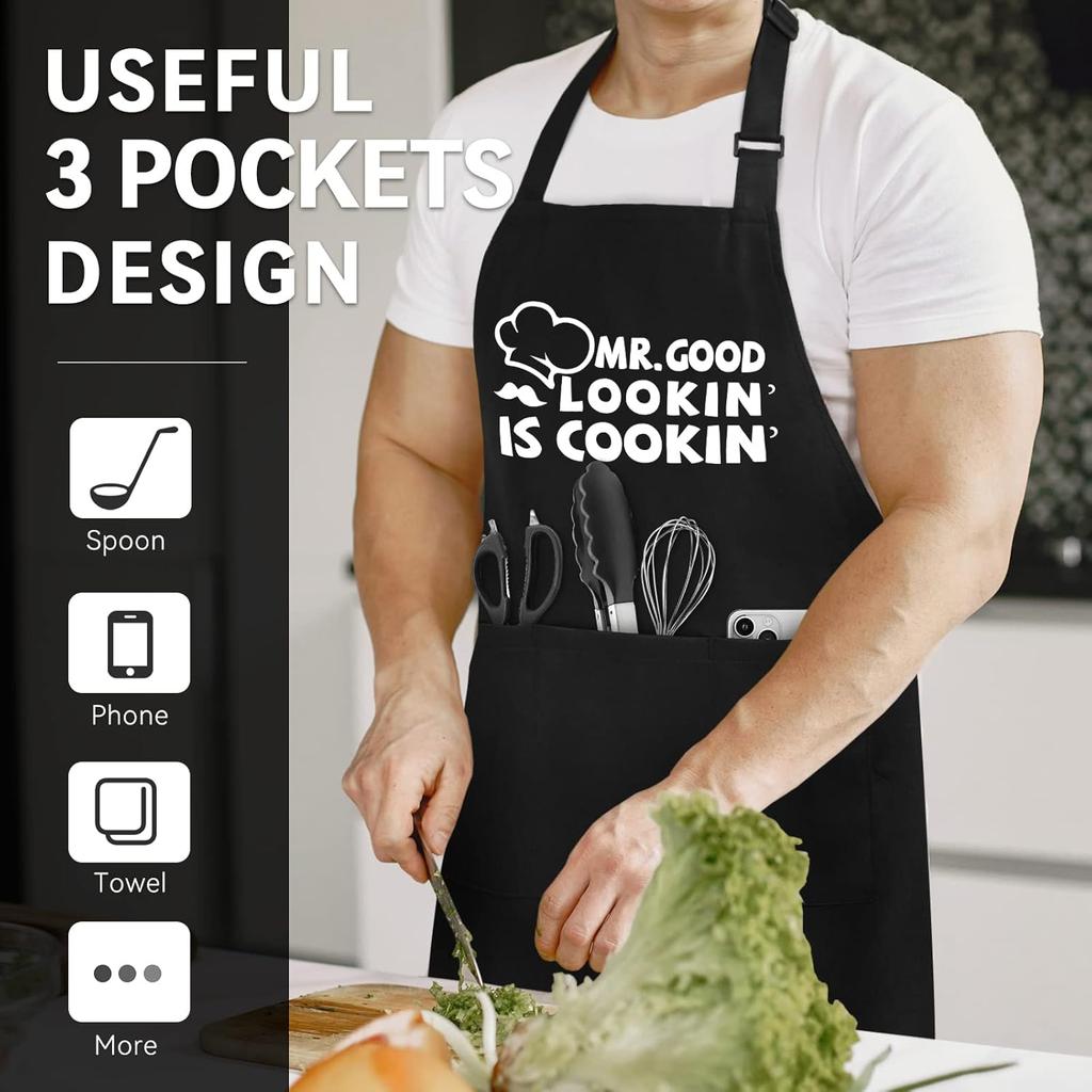 Funny Aprons for Men, Mr. Good Lookin’ Is Cookin’ Chef Apron with 3 Pockets, Adjustable Neck Strap and Long Waist Ties, Perfect for Kitchen