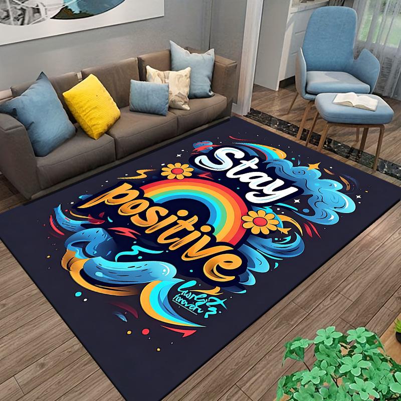 Colorful "Stay Positive" Carpet with Rainbow, Flowers, and Blue Waves Suitable for Use As an Anti-slip for Living Room Bedroom Sofas