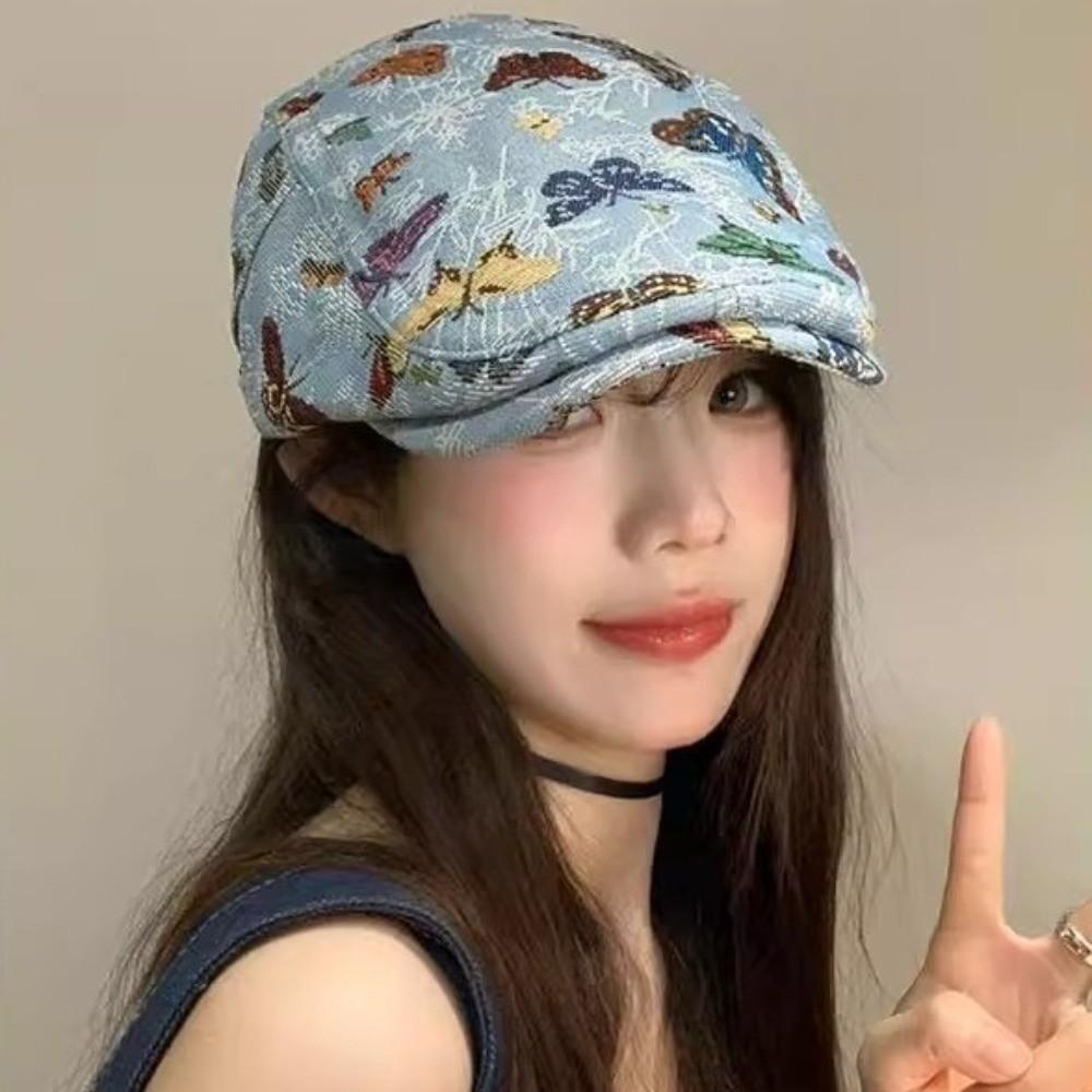 Reversible Design Retro Newsboy Cap Ethnic Style Butterfly Embroidered Beret  Women's Wear