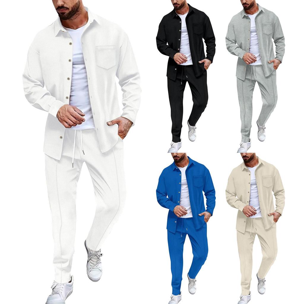 Men's Solid Color Long Sleeved Shirt And Trousers Casual Outdoor Sports Suit