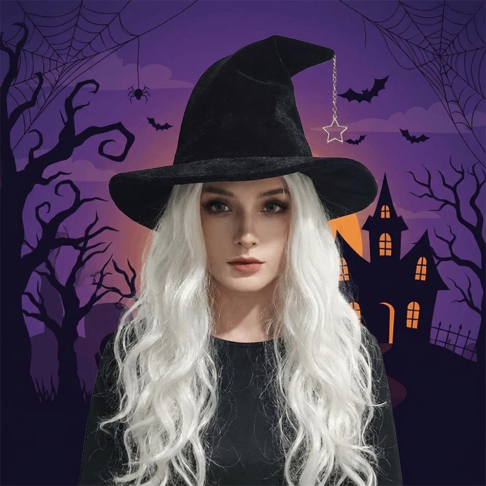 Star Pendant Wool Bucket Hat Solid Color Halloween Hat Vintage Witch Hat Party
