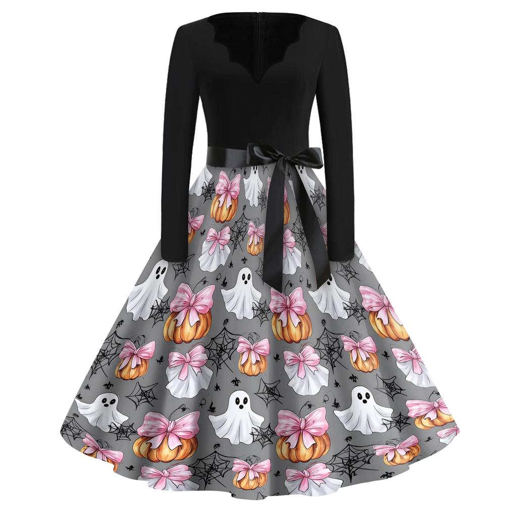 Women's Casual Vintage V Neck Dress Long Sleeve Halloween Print Swing Dress with Waist Tie Retro Style Midi Dress