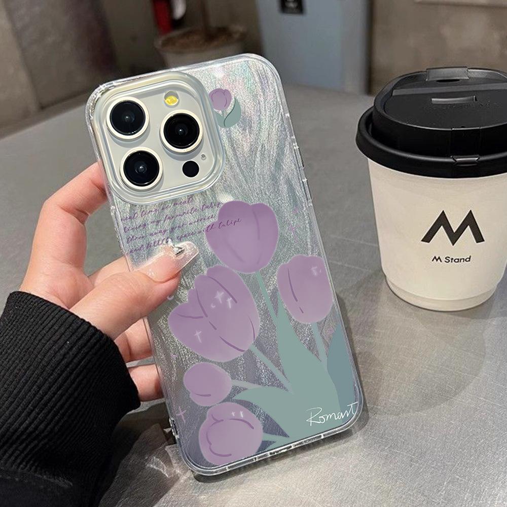 Purple tulip flower iphone15 anti-drop feather yarn mobile phone case 17air matte protective case 16pro women's model